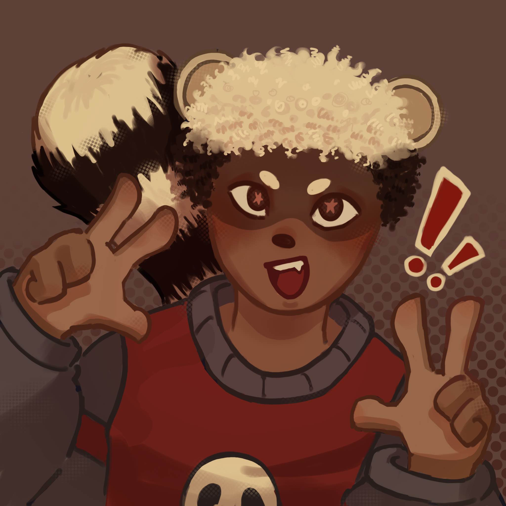 drawing of a raccoon boy with blonde hair and dark skin